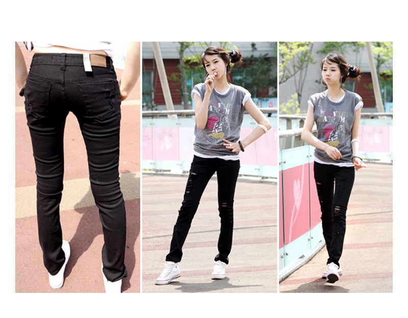 Celeb Style Black Ripped Denim Skinny Jeans AU8/29''